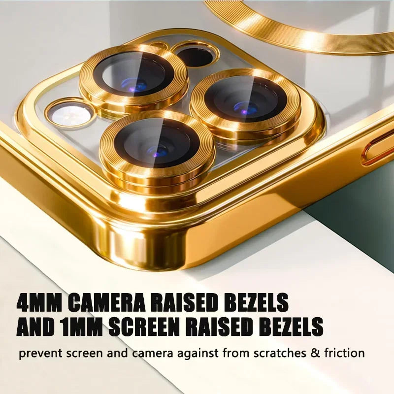 Gold case with raised camera bezels for scratch and friction protection