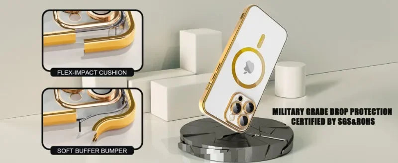 Gold magnetic wireless charge iPhone case with camera lens protector on display stand