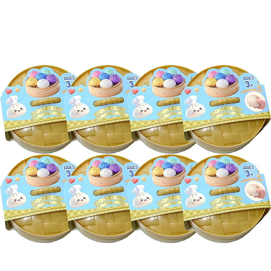 Dumpling squishy fidget toy multipack with yellow trays and colorful dumpling lids