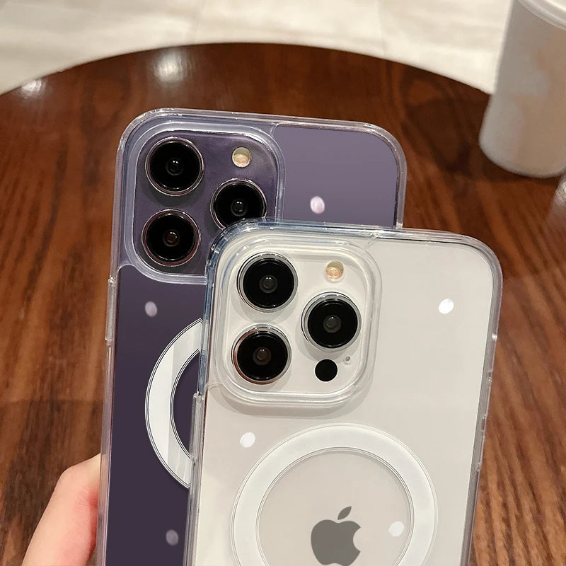 Clear and purple MagSafe magnetic phone cases showing camera area and charging ring