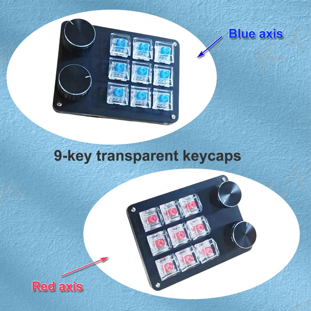 9-key editing keyboard with transparent keycaps and red and blue axis variants shown