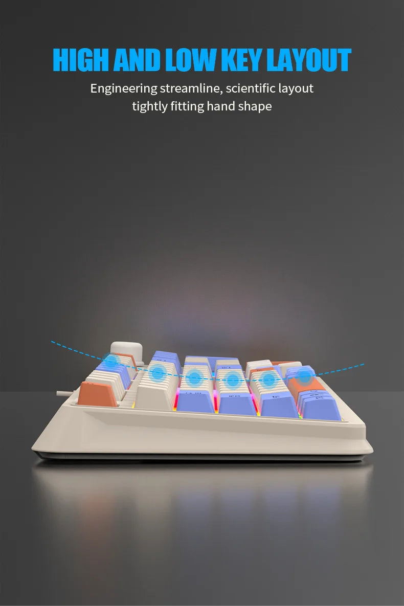 Compact 90% RGB keyboard on base with white keycaps and blue-orange colored zones.