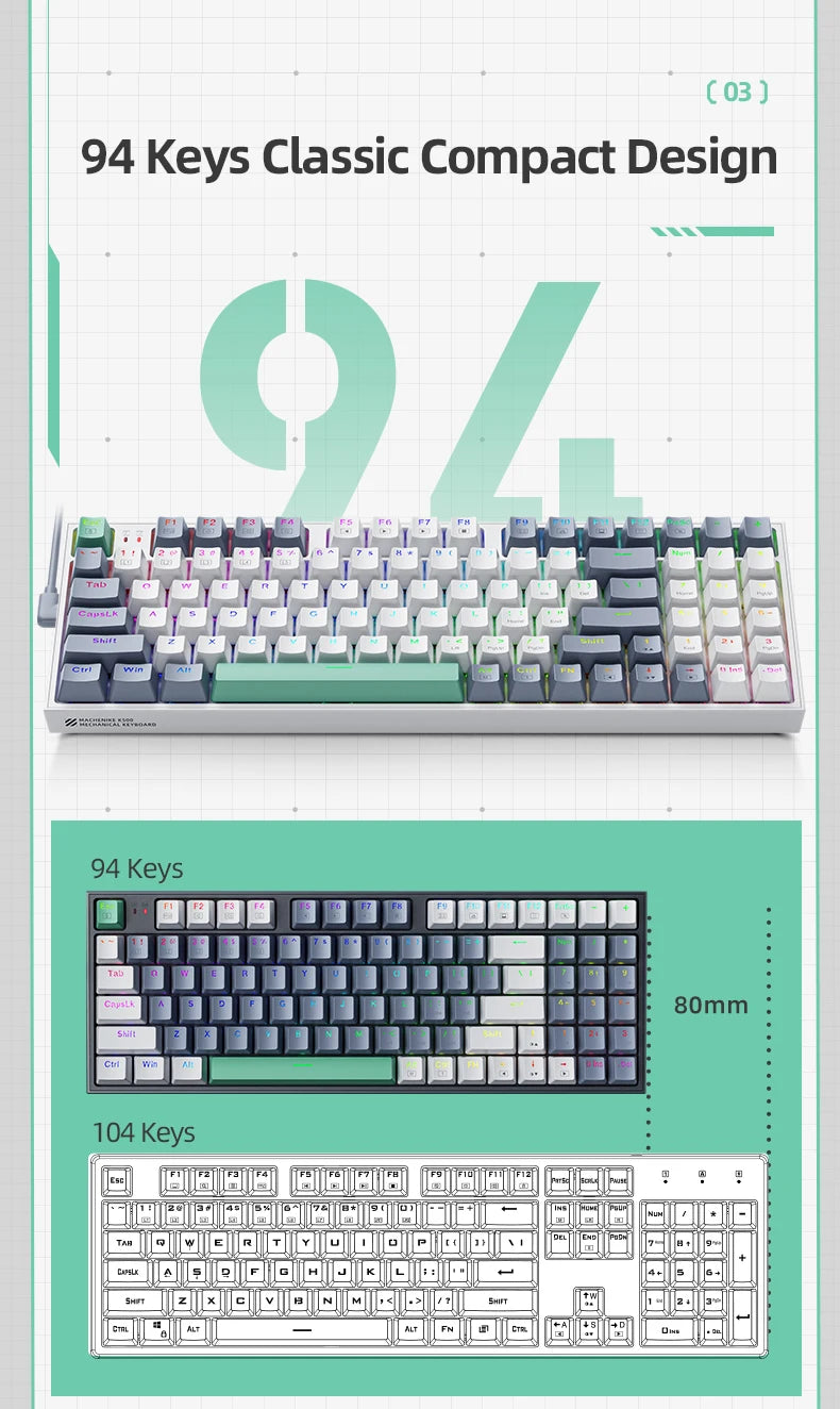 Mechanical keyboard with 94-key compact design, dark keycaps with RGB-style lighting