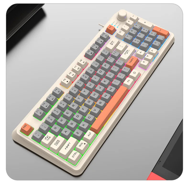 Angled 90% RGB keyboard with white keycaps, orange highlights, and rainbow multicolor lighting.