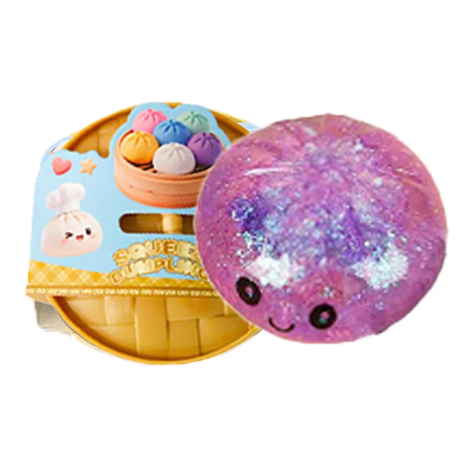 Purple glitter squishy dumpling character with cute face next to packaged set