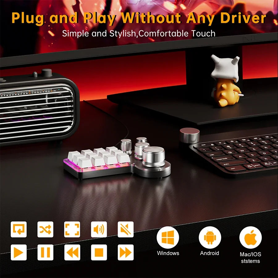 Black 12-key mechanical keypad with four knobs, RGB backlit keys, and multi-device icons