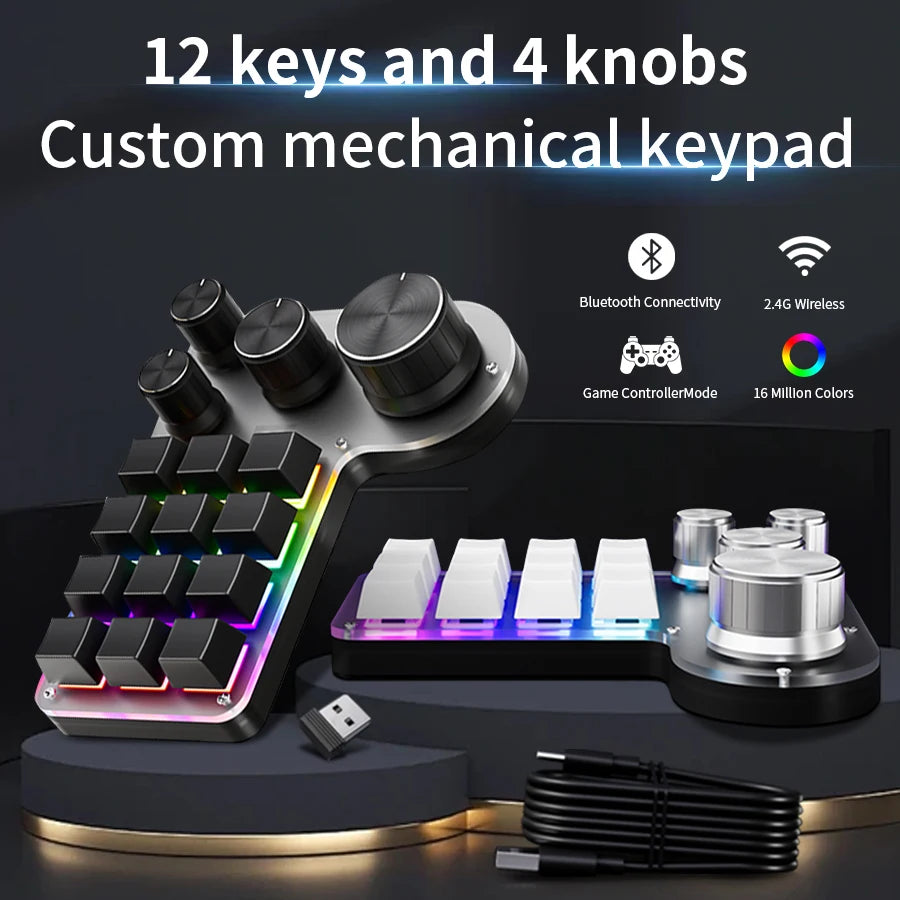 Black 12-key mechanical keypad with four round knobs and RGB backlit keys