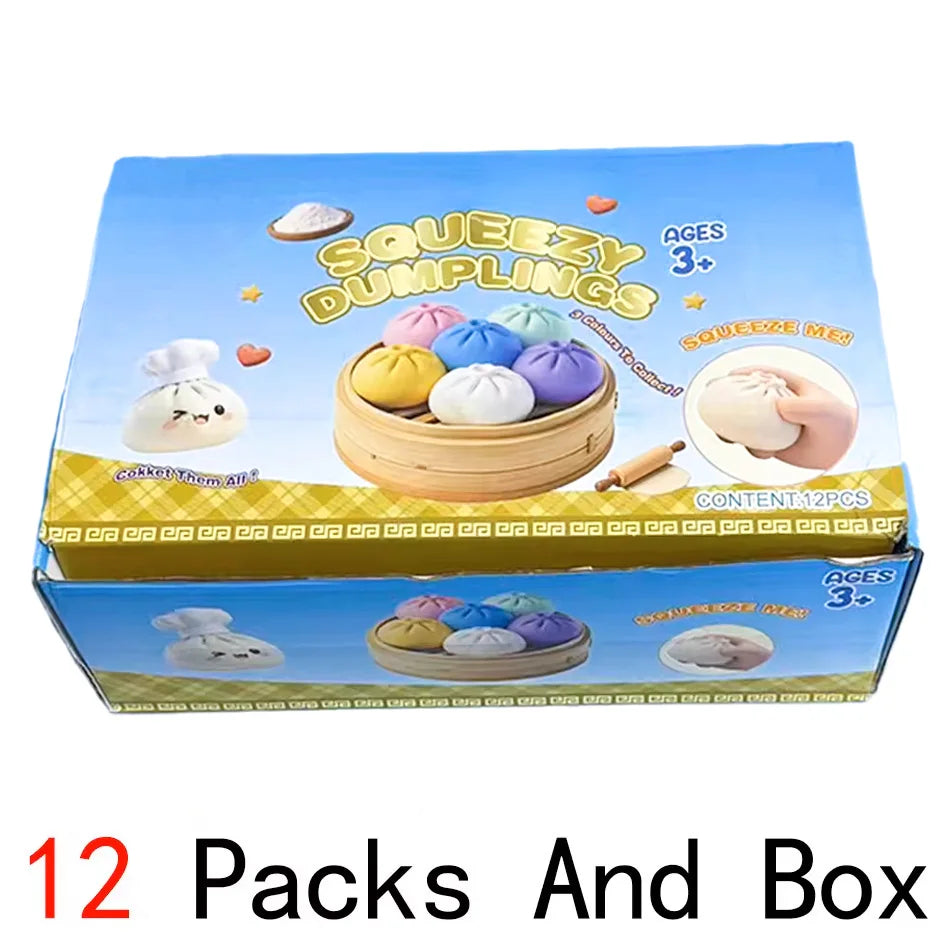Squishy dumpling fidget toy box with tray of multicolor dumplings
