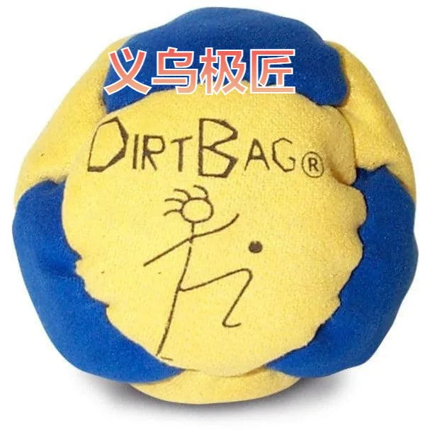 Sand-filled hacky sack ball with yellow center and blue border, close-up