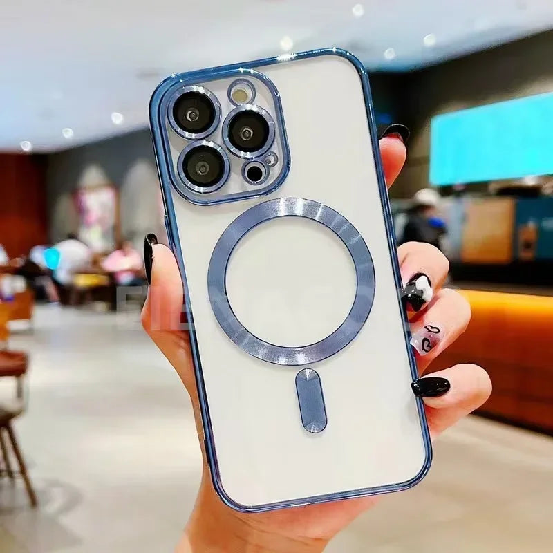 Blue MagSafe wireless charging phone case with silver magnetic ring and camera cutouts