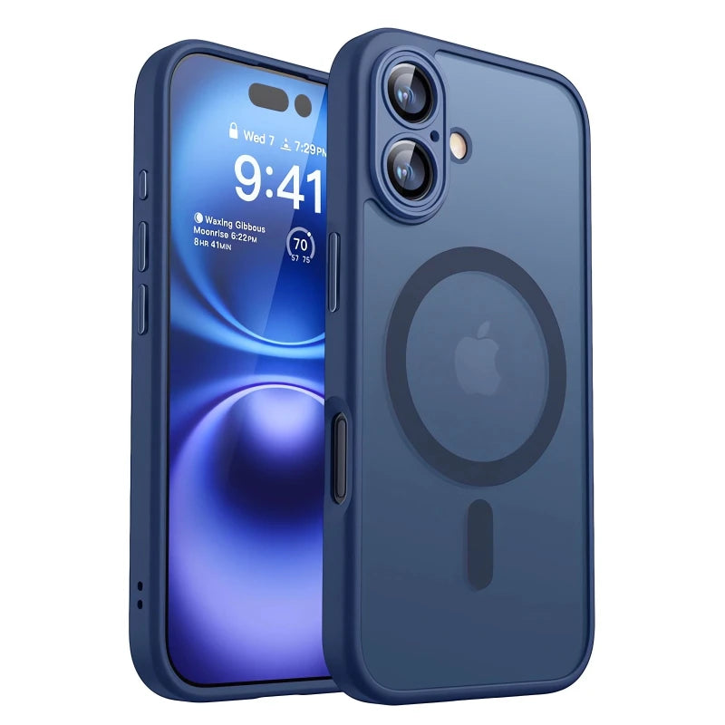 Magnetic shockproof iPhone case, matte translucent dark blue with MagSafe ring and cutouts