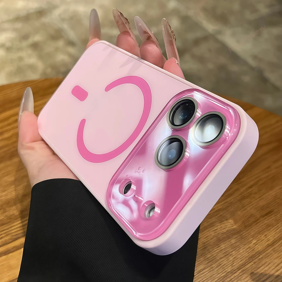 Magnetic phone case with large charging window, pink back, abstract logo detail.