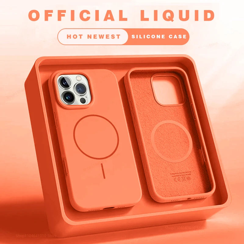 Magnetic phone case in orange silicone with MagSafe-style ring and camera cutout