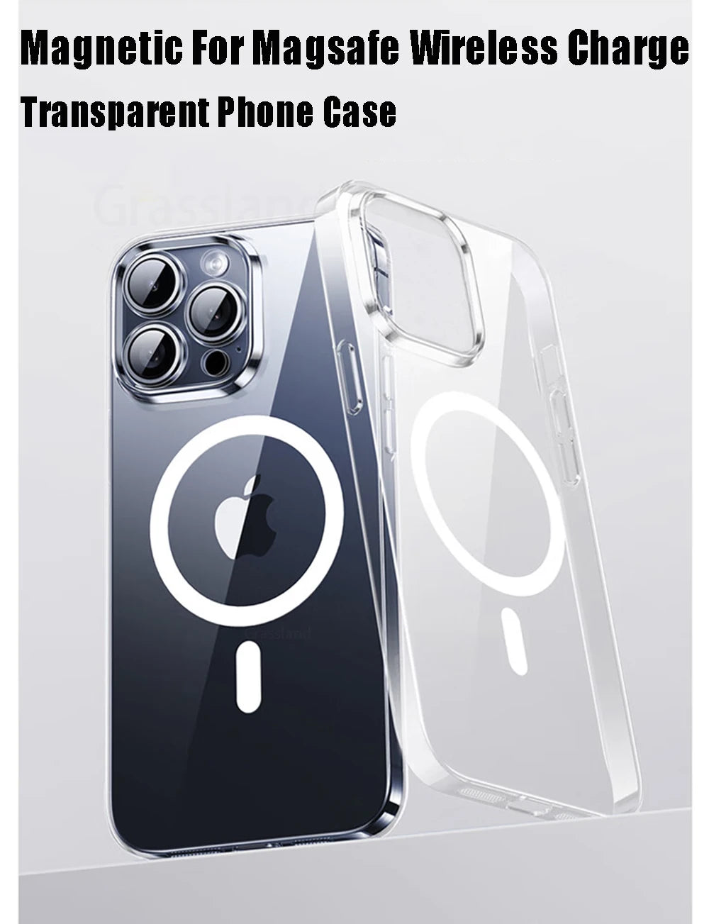 Transparent iPhone MagSafe wireless charging phone case with rear ring and camera holes