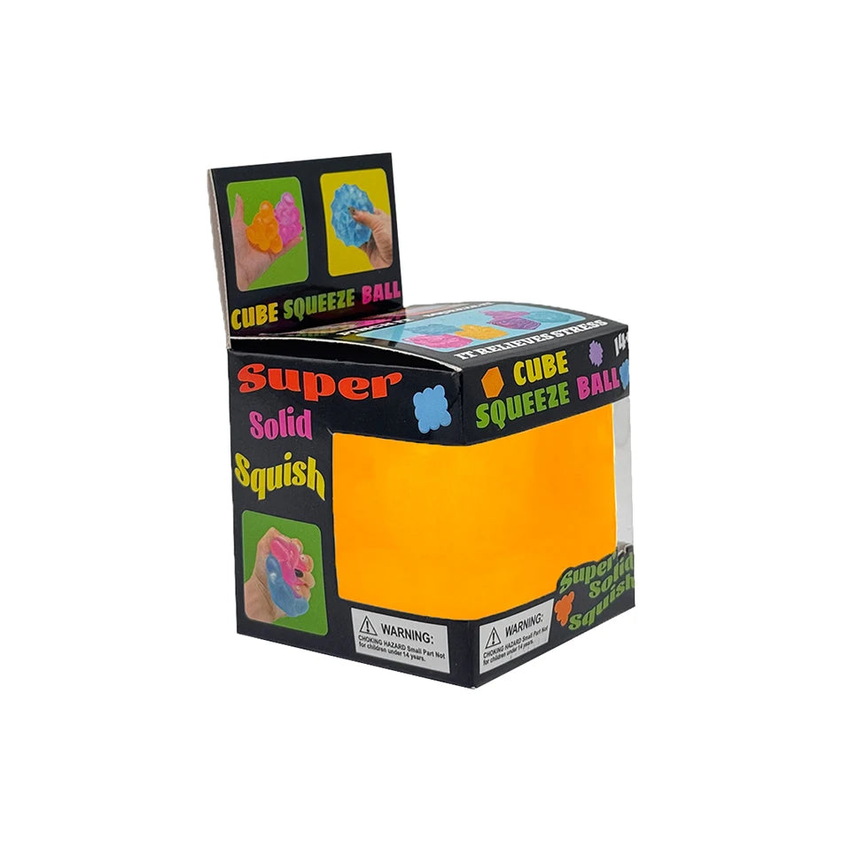 Yellow-orange cube squeeze ball toy in retail box with cloud graphic