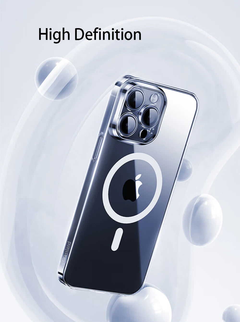 Transparent MagSafe iPhone back case with large magnetic ring and triple camera cutouts
