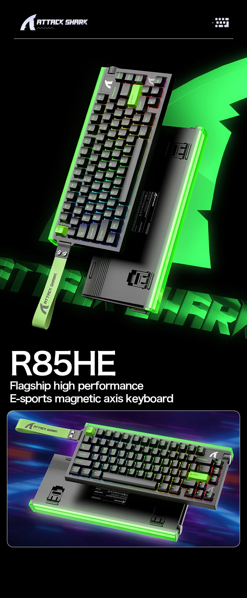 RGB mechanical gaming keyboard with green backlit keys and neon edge lighting