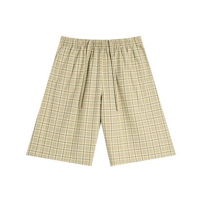 Plaid wide-leg shorts with elastic waistband and drawstring, light beige