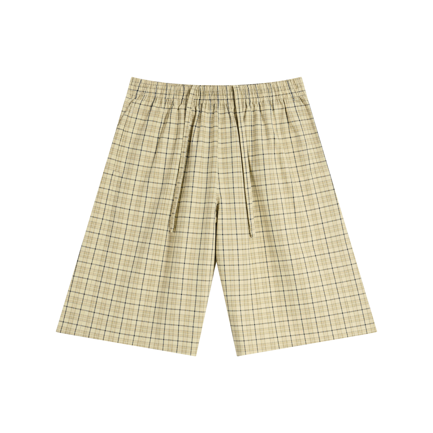 Apricot plaid wide-leg shorts with elastic waistband and drawstring ties