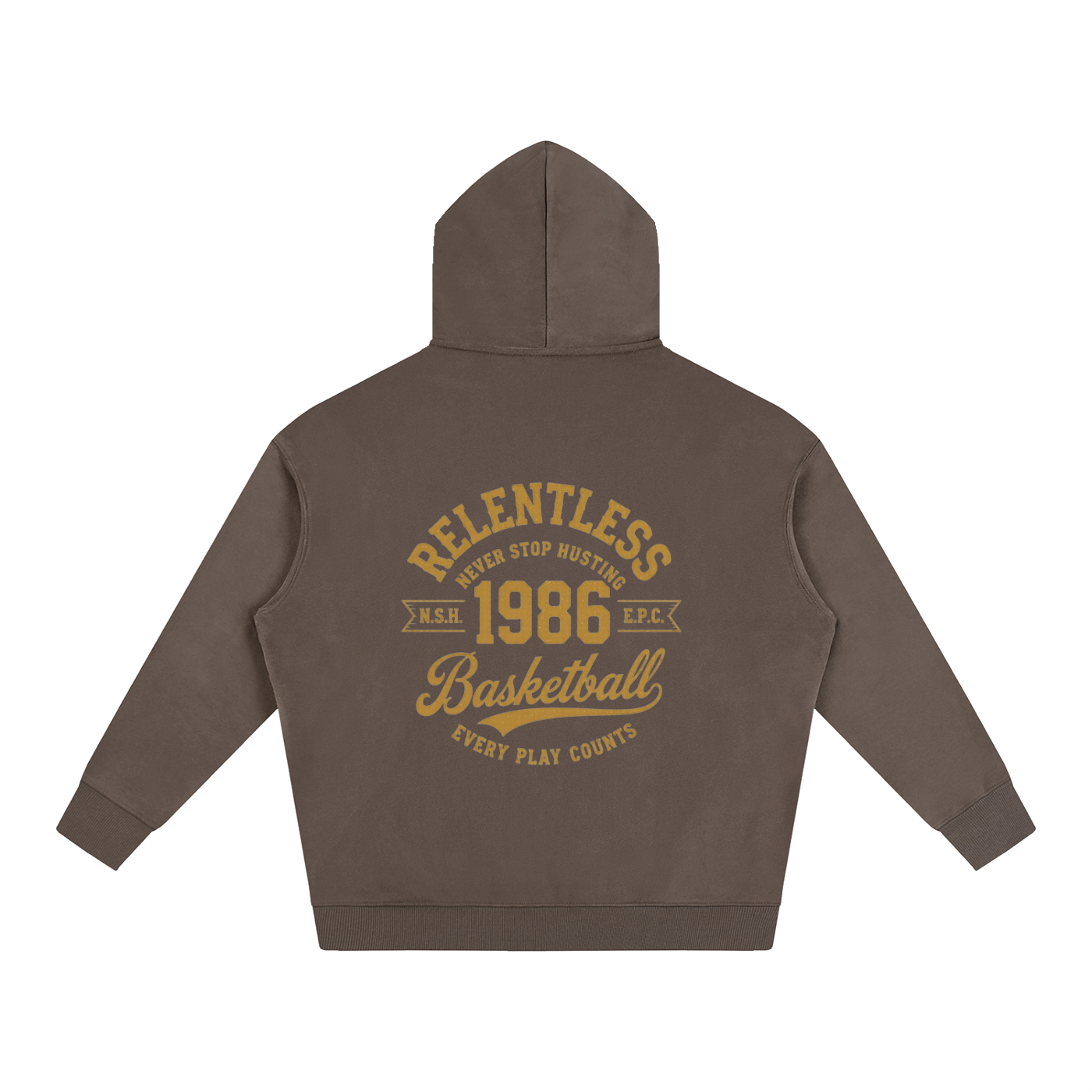 Oversize fleeced hoodie in dark brown with back basketball graphic and hood.