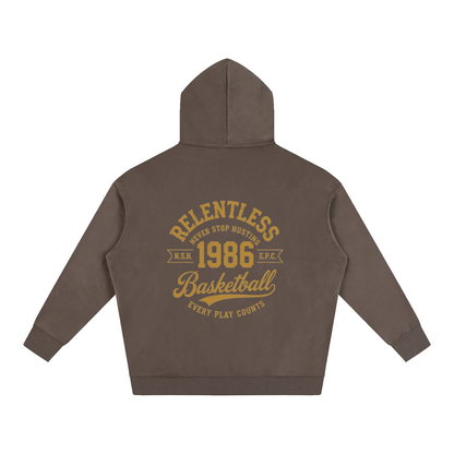Oversize fleeced hoodie in dark brown with back basketball graphic and hood.