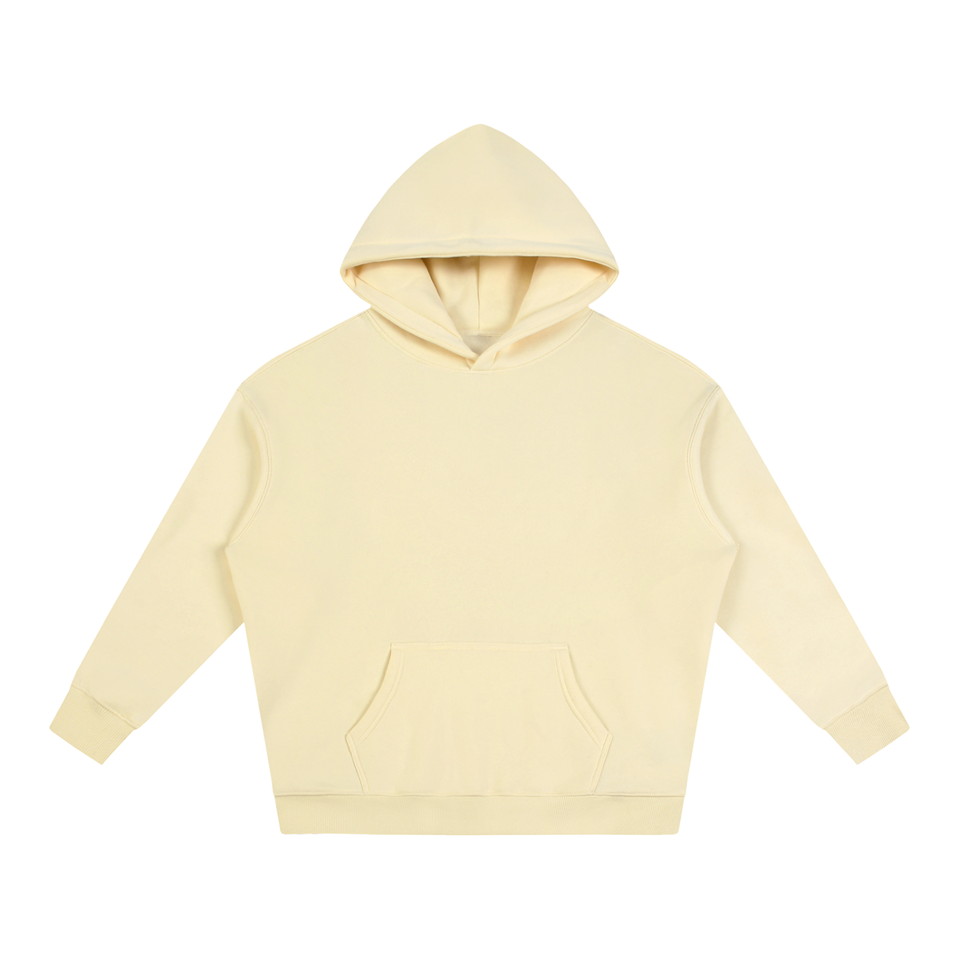 Cream oversized fleece pullover hoodie with kangaroo pocket and hood.