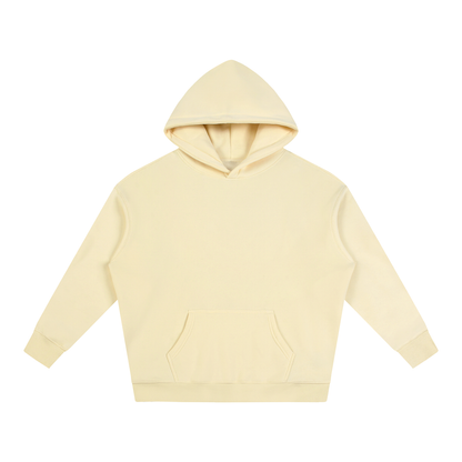 Cream oversized fleece pullover hoodie with kangaroo pocket and hood.