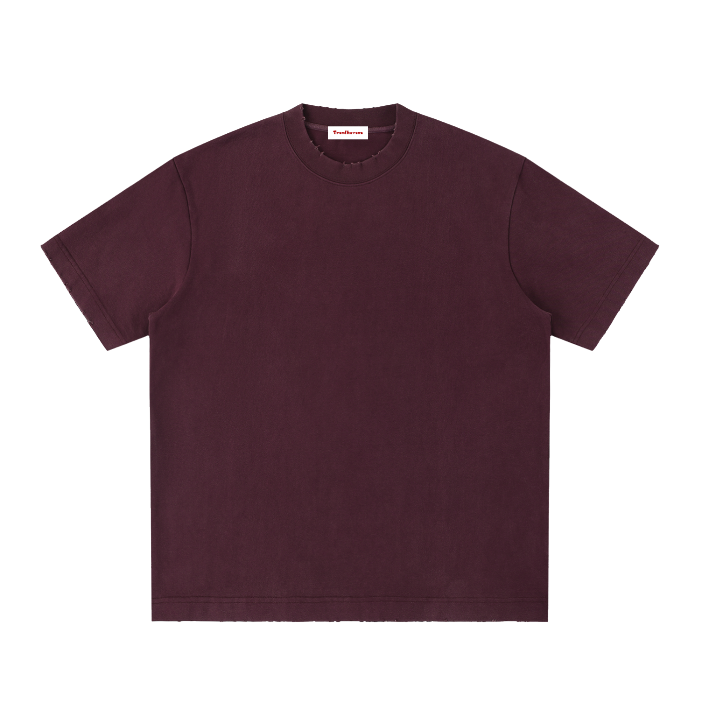 Washed crewneck t-shirt in burgundy, short sleeves, plain front.