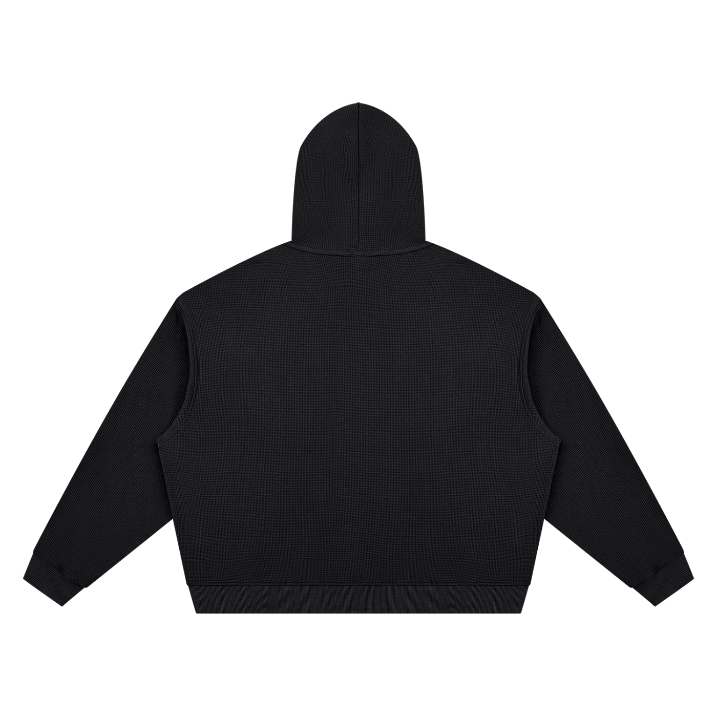 Textured waffle boxy hoodie, black, back view with hood and kangaroo pocket