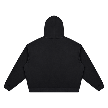 Textured waffle boxy hoodie, black, back view with hood and kangaroo pocket