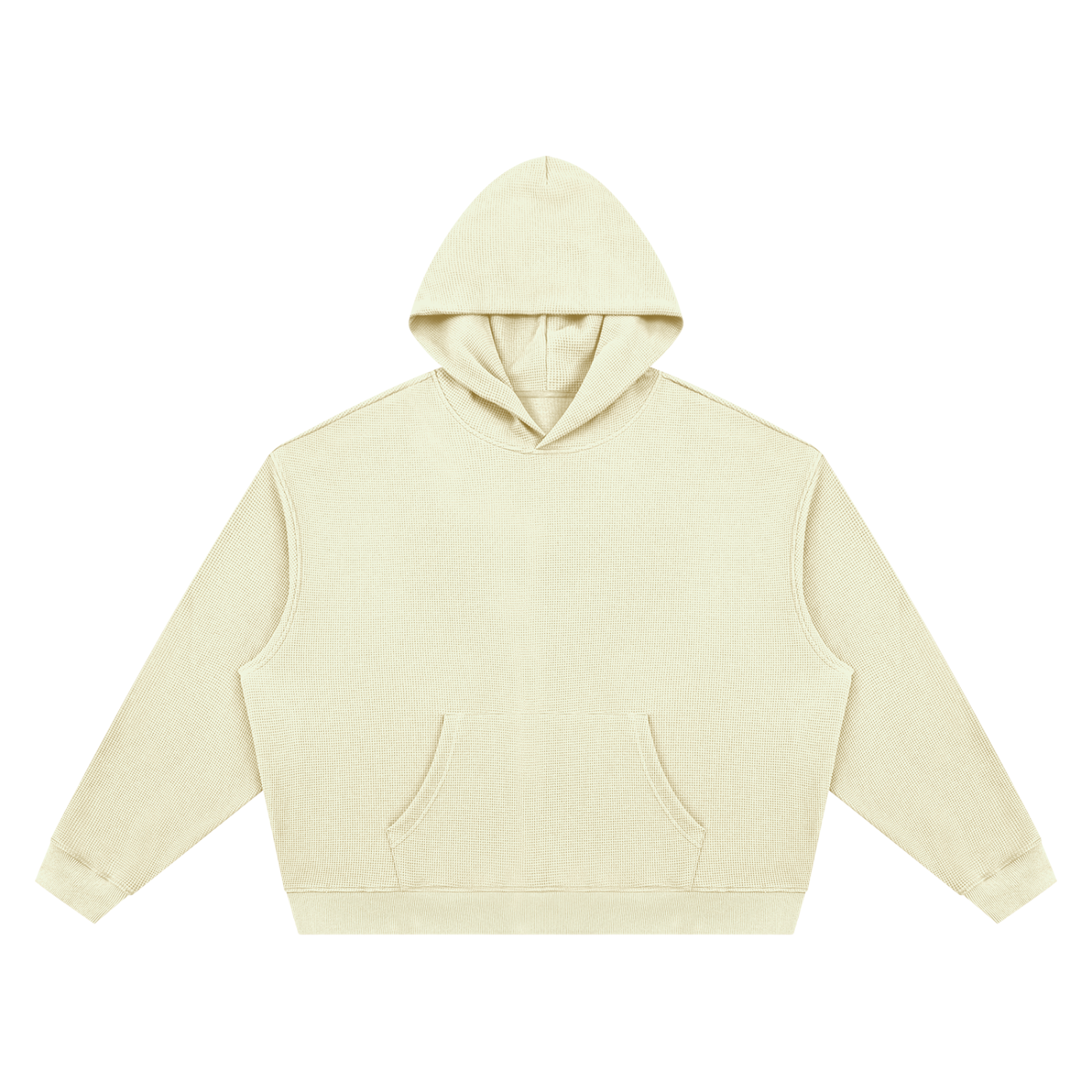 Textured waffle boxy hoodie, light cream, front view with hood and kangaroo pocket