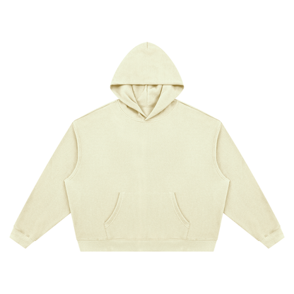 Textured waffle boxy hoodie, light cream, front view with hood and kangaroo pocket