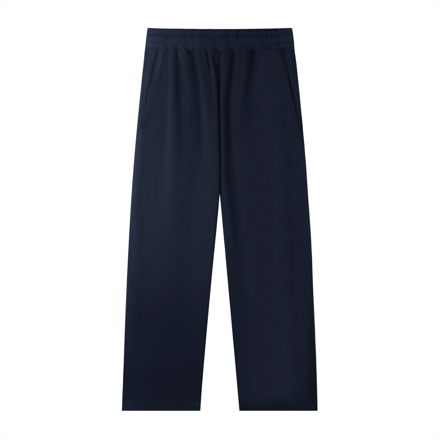 Navy blue straight-leg sweatpants with elastic waistband, front view
