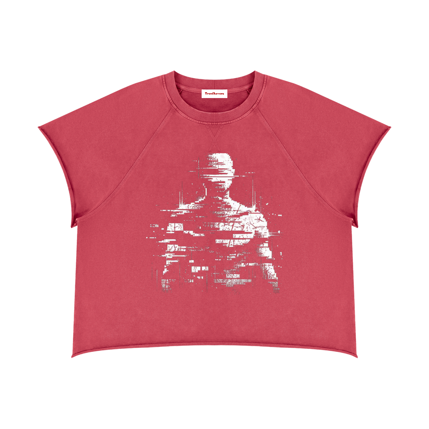 Red boxy crewneck T-shirt with distressed glitch statue graphic on front