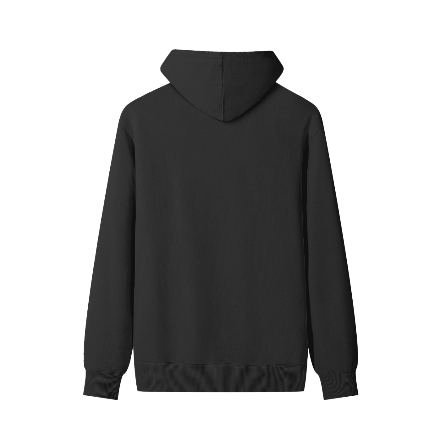 Unisex cotton hoodie in dark gray, back view with hood and ribbed cuffs.