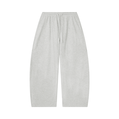 Light gray barrel-leg pants with elastic waistband and drawstring, relaxed fit