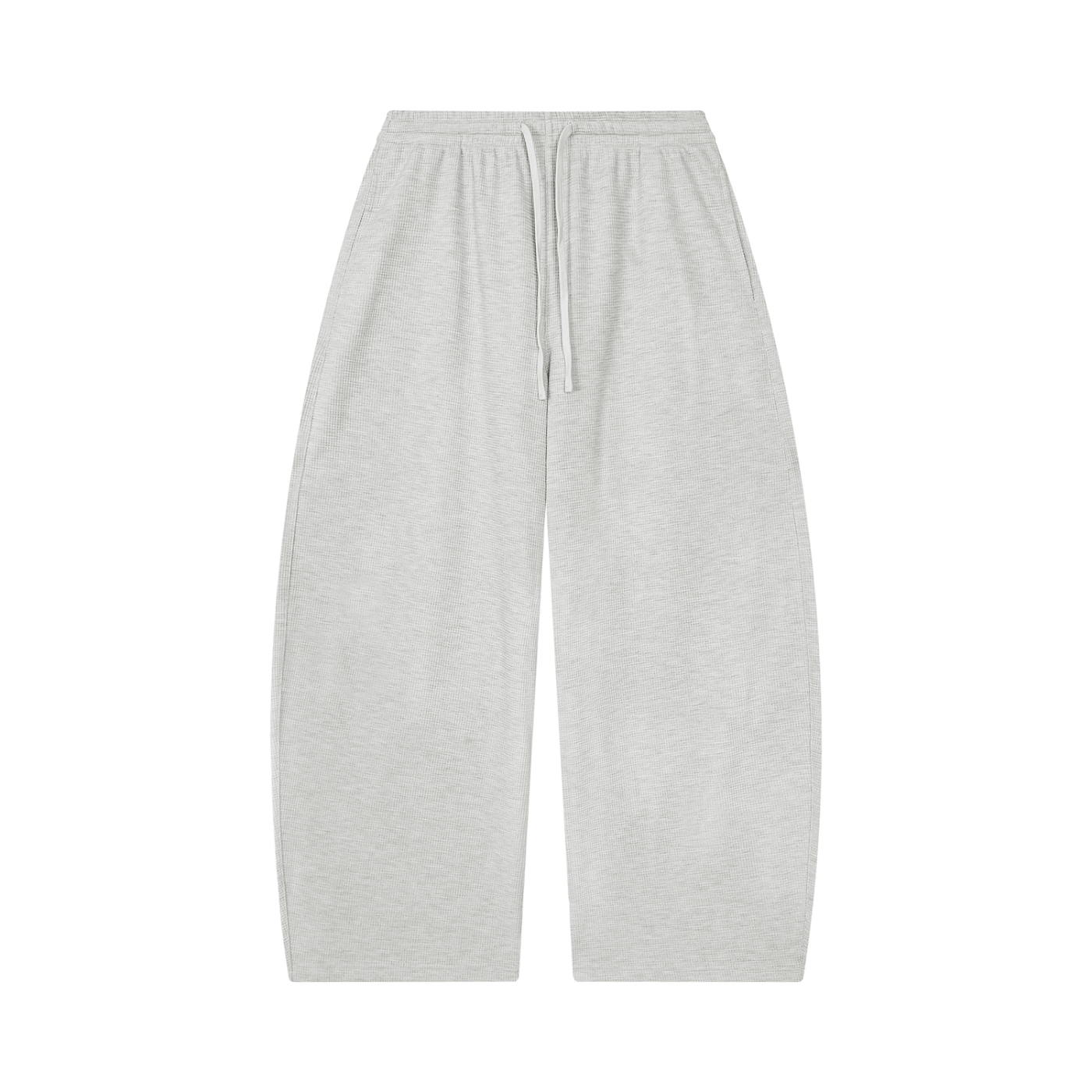 Unisex barrel-leg pants in light gray with elastic waistband and drawstring