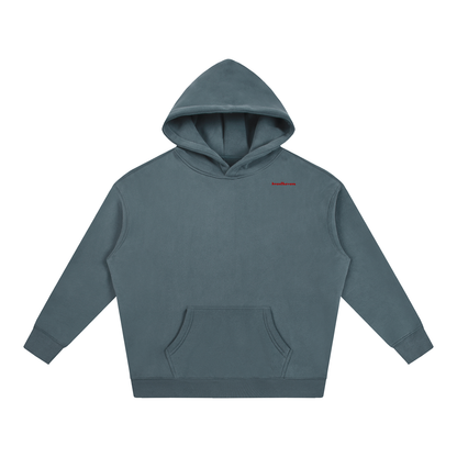 Oversize fleeced hoodie in teal with hood and front kangaroo pocket.