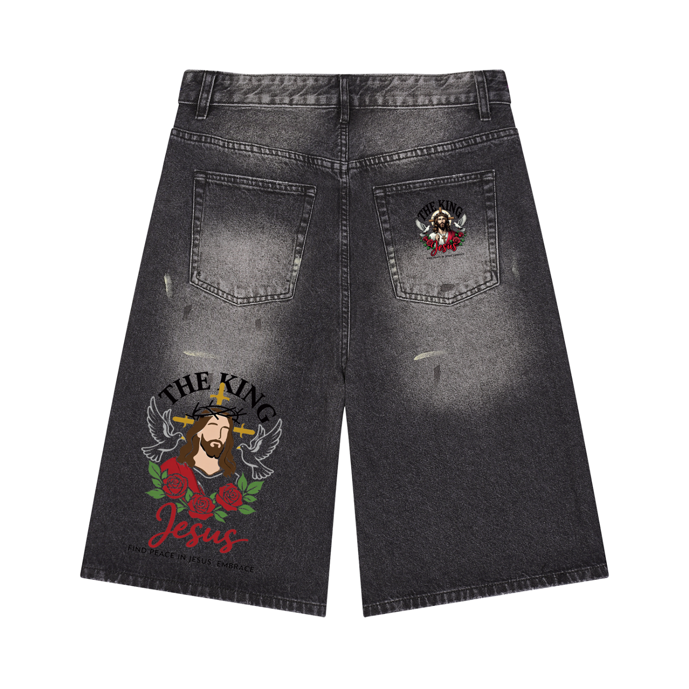 Black wide-leg denim shorts with vintage wash and winged Jesus graphic on right pocket