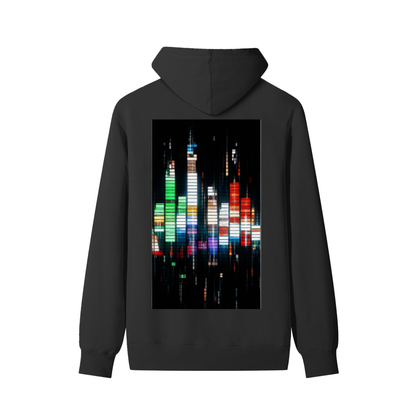 Black cotton unisex hoodie with back square city skyline graphic