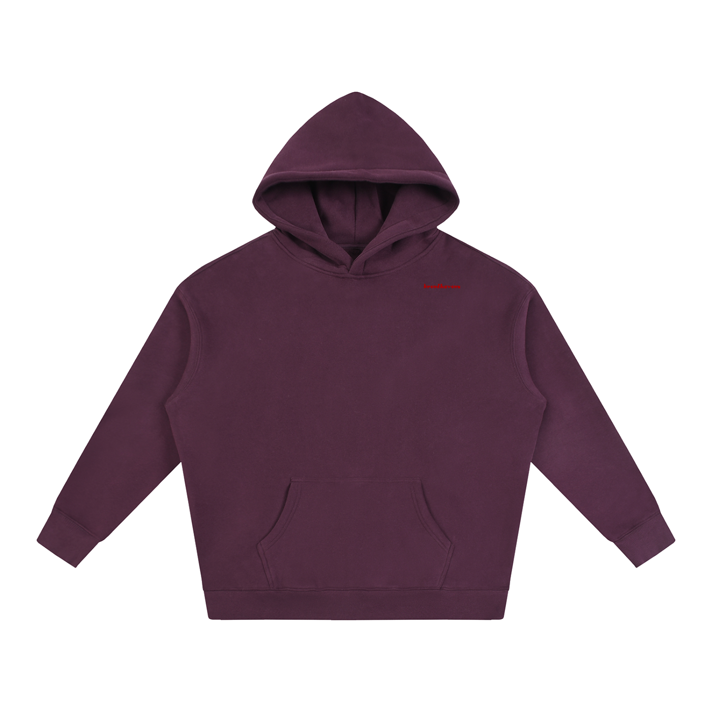 Oversize fleeced hoodie in plum purple, front with hood and kangaroo pocket