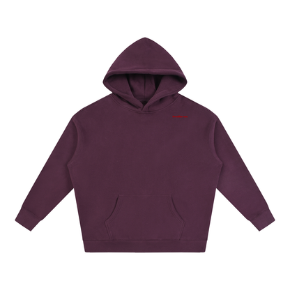 Oversize fleeced hoodie in plum purple, front with hood and kangaroo pocket
