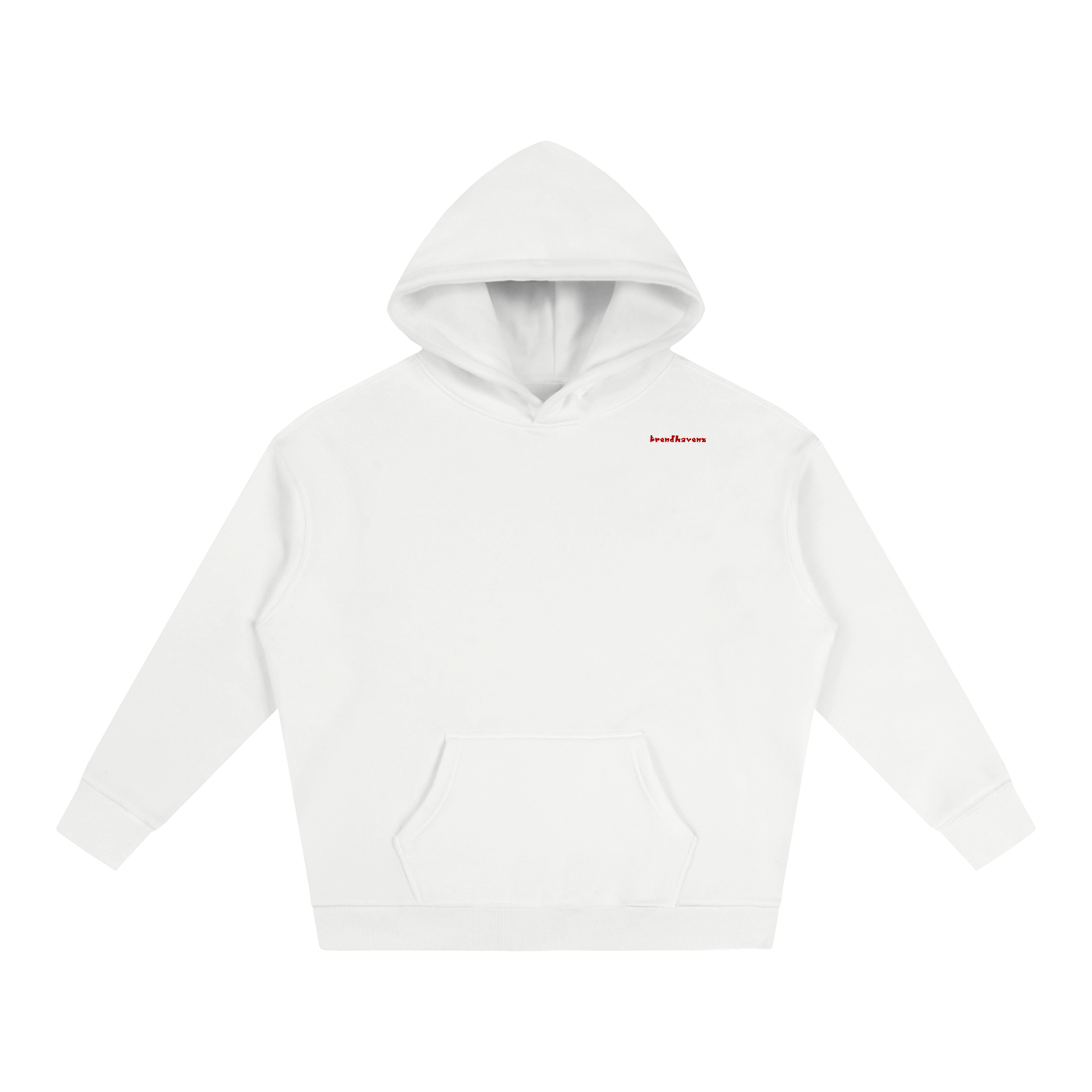 Oversized fleece hoodie, white, front hood, small chest logo, kangaroo pocket