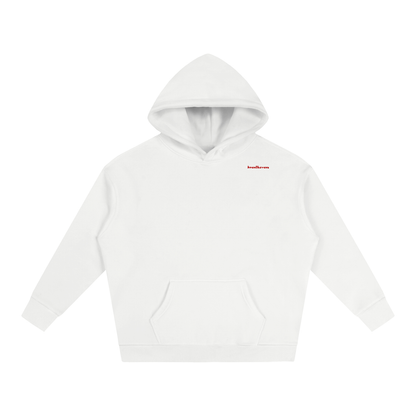 Oversized fleece hoodie, white, front hood, small chest logo, kangaroo pocket