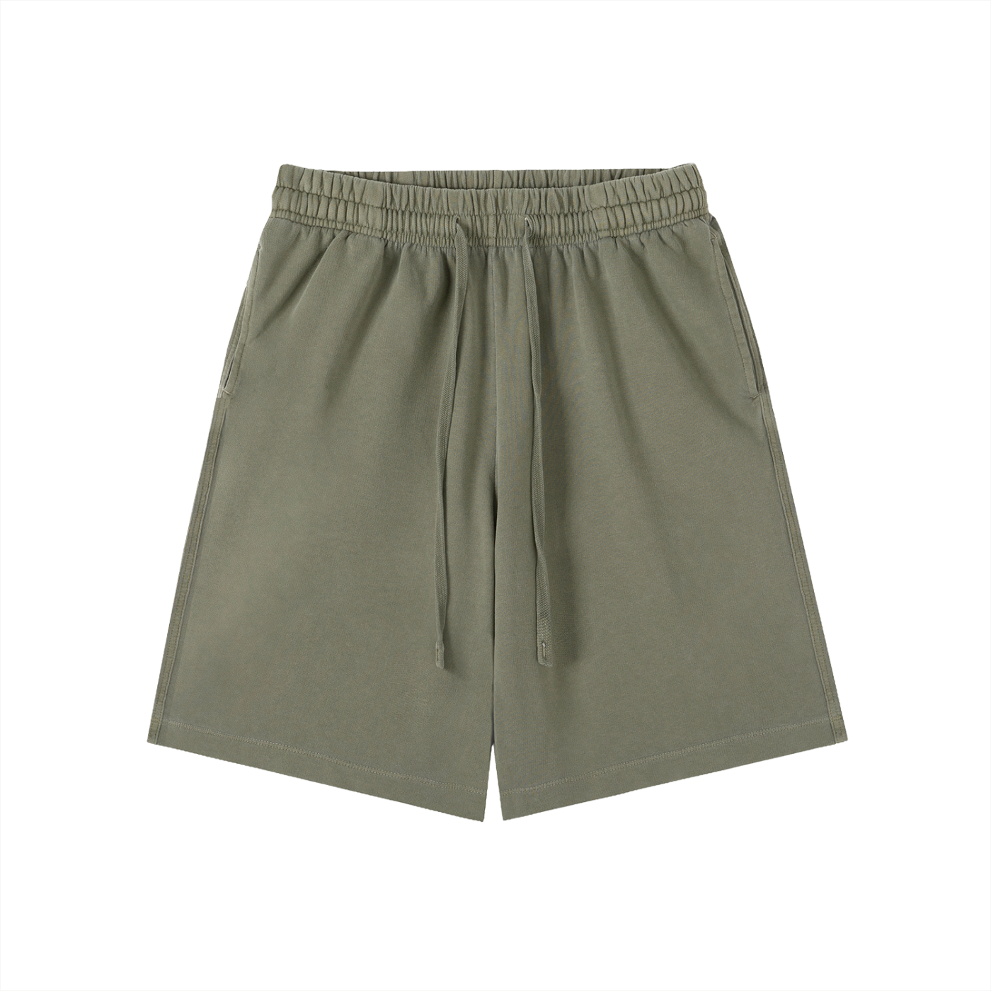 Army green cotton shorts with elastic waist and drawstring, side pockets