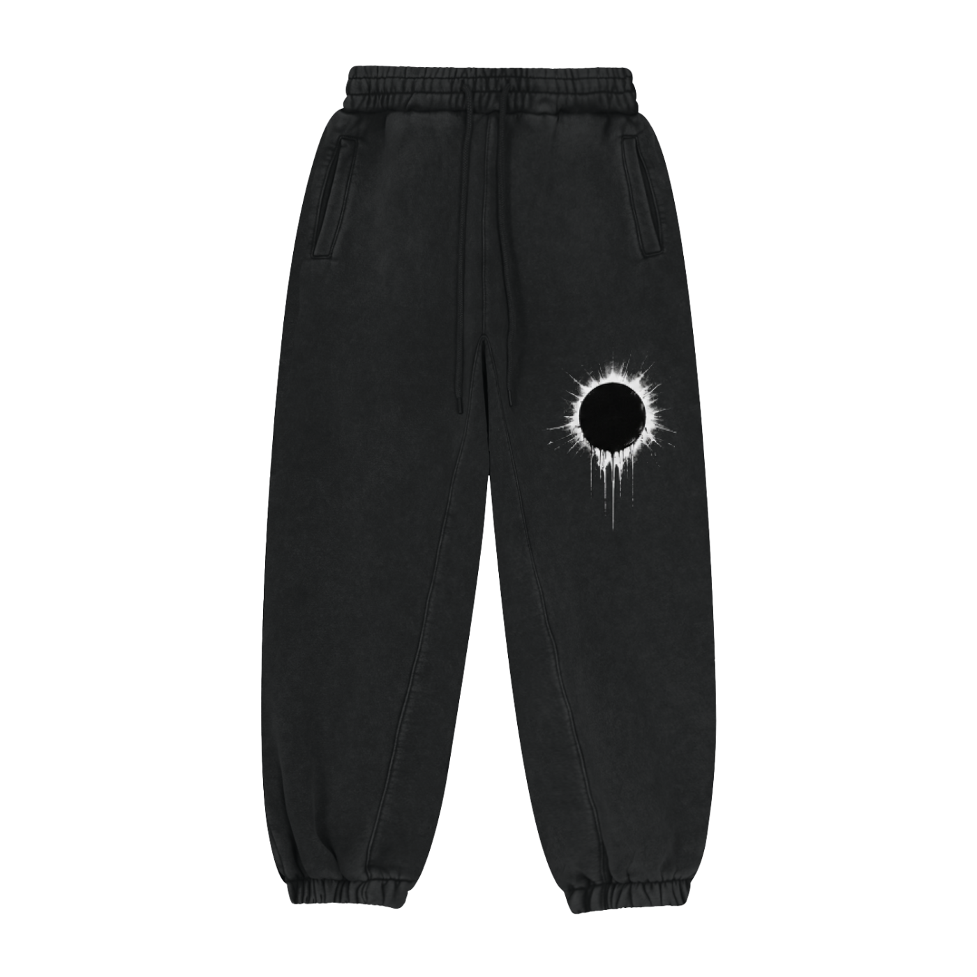 Black sweatpants with elastic waistband, cuffs, and white eclipse graphic on leg