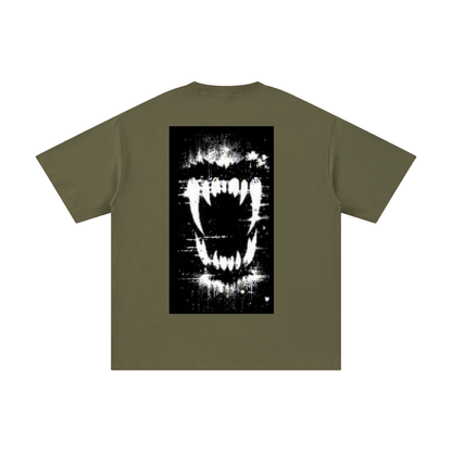 Olive green pure cotton T-shirt with black-and-white chest graphic, crew neck