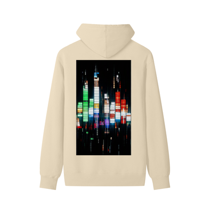 Khaki cotton unisex hoodie with back square city skyline graphic