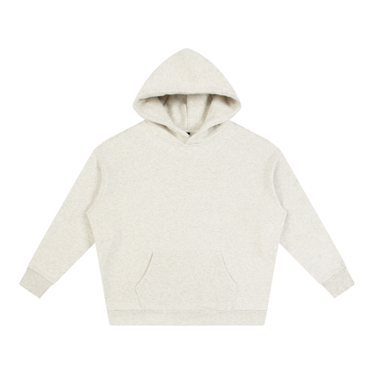 Cream oversize fleece hoodie with hood and kangaroo pocket, long sleeves.