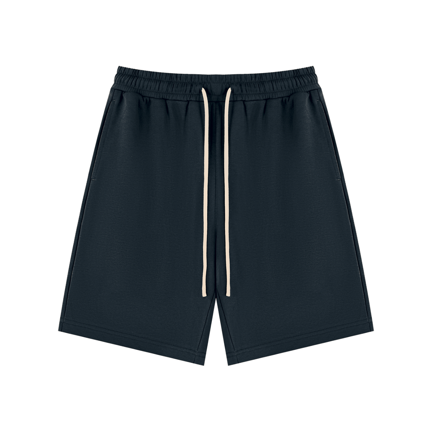 Unisex navy blue drawstring shorts with elastic waistband and off-white cords